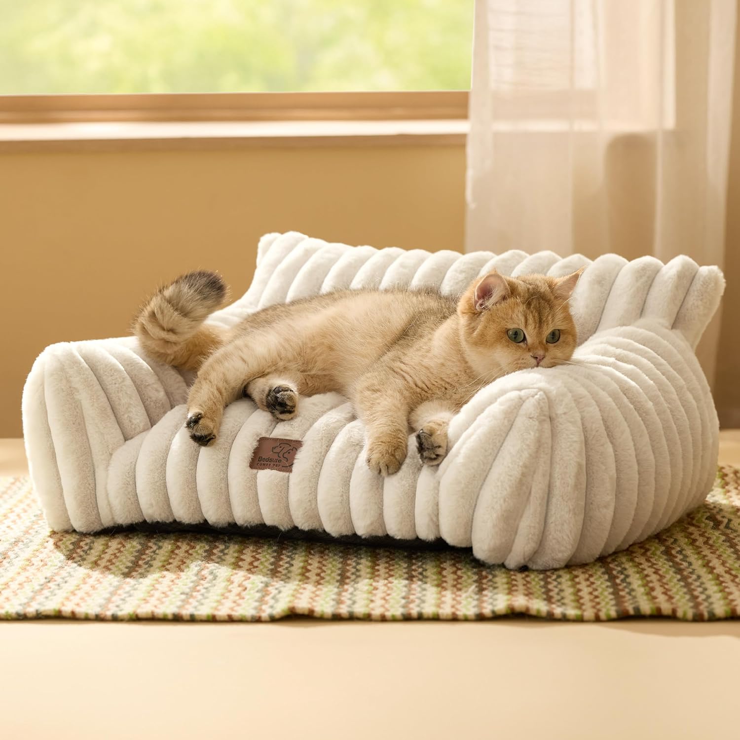 Bedsure Cute Cat Couch for Pets - Fluffy Cat beds with Premium Soft Corduroy Fleece, Fuzzy Cats beds for Indoor Cats with Removable Washable Cover, Supportive Pet Sofa, Cream
